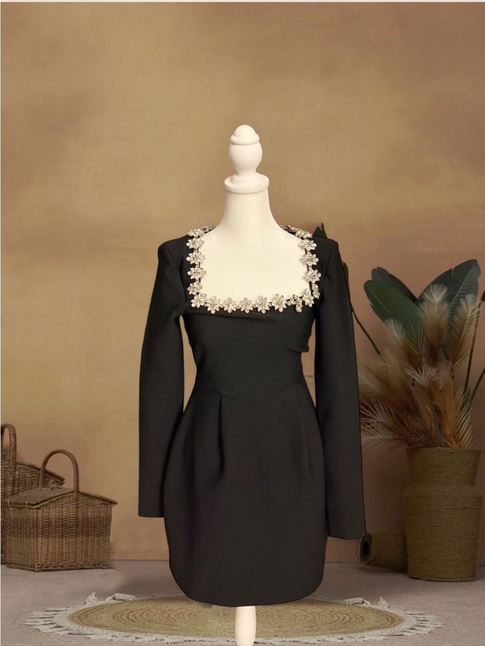 Black Long-Sleeve Square Neck Mini Dress with Pearl Floral Trim
